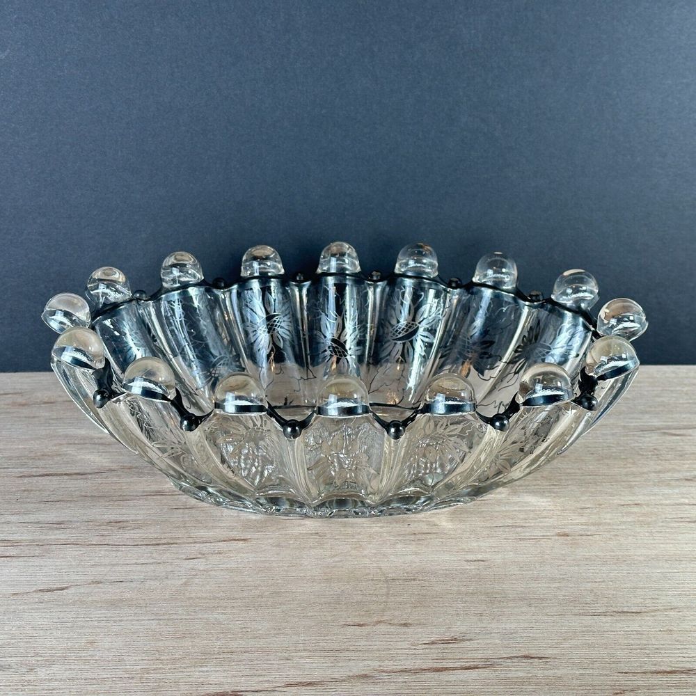 Unique Art Deco Antique Floral Silver Overlay Glass Scalloped Bowl Dish 11" W